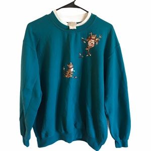 Vintage Top Stitch Turquoise Cat Sweater Size XL